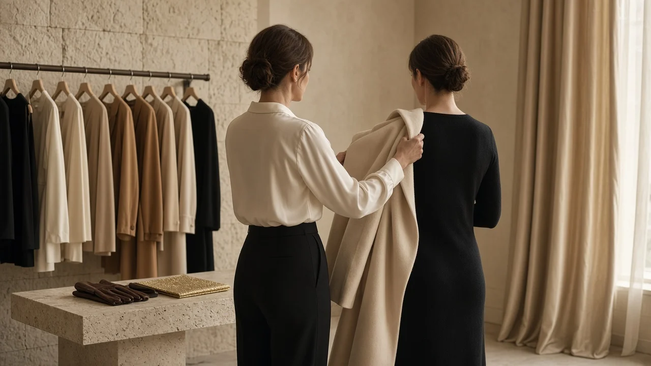 A stylist draping an ivory cashmere coat over a client in a limestone dressing room with a rail of ivory, camel and black garments